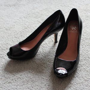 Vince Camuto Black Patent Leather Open Toe Heels 7